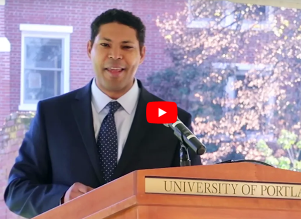 Nicholas Jones speaking at the University of Portland's Veterans Day Ceremony on November 11, 2018